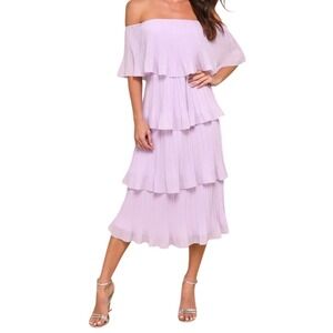 LULUS Off Shoulder Tiered Midi Dress Lilac Lavender Pleated Ruffle NWT M‎